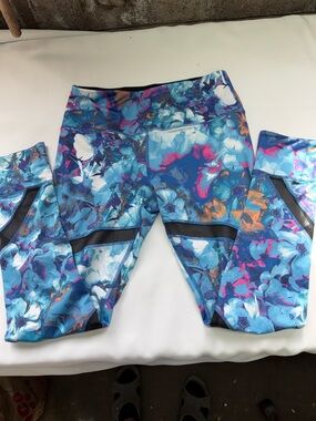 Reflex Blue Floral Print Kids Leggings with Pink & Orange Accents